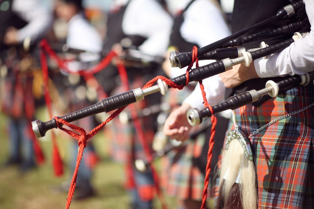 Scottish pipers in a marching band