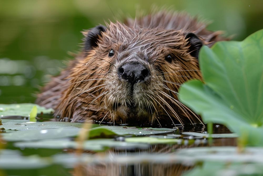 A beaver swimming in the water.